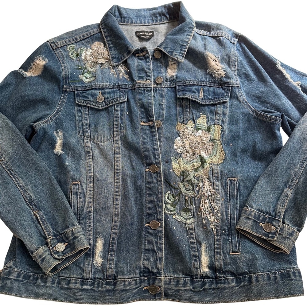 Bebe Womens Distressed Floral Embroidered Sequin Denim Jacket Blue Large L